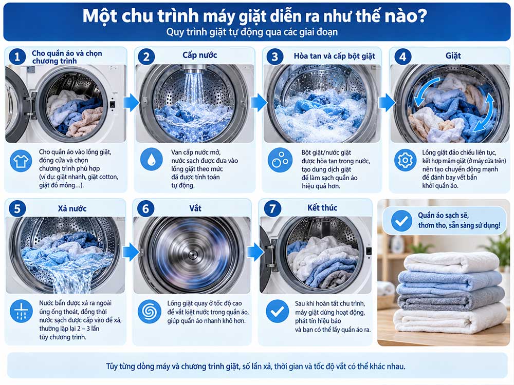 Một chu trình máy giặt diễn ra như thế nào?