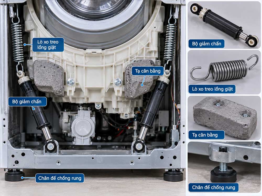 Bộ giảm chấn và hệ thống chống rung của máy giặt