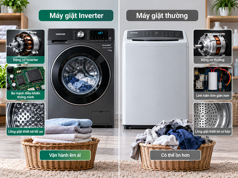 Máy giặt Inverter và máy giặt thường khác nhau thế nào?