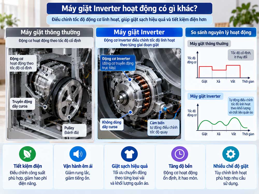 Máy giặt Inverter hoạt động có gì khác?