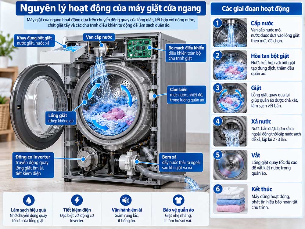 Nguyên lý hoạt động của máy giặt cửa ngang