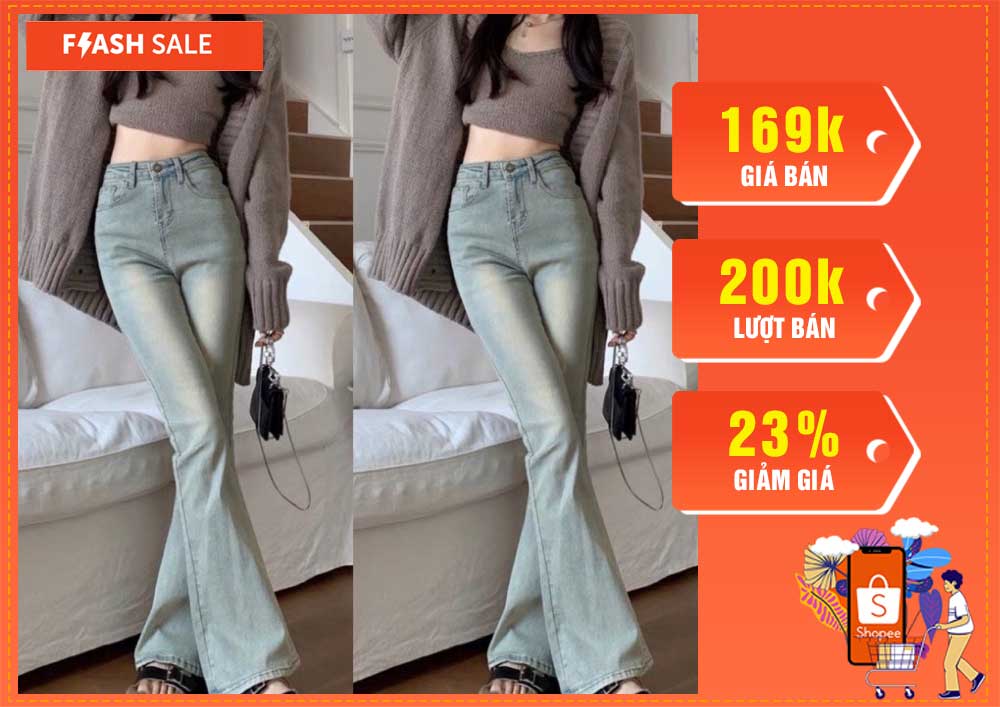 Quần jeans nữ ống loe cạp cao chất bò co giãn màu xanh cổ điển dễ phối đồ